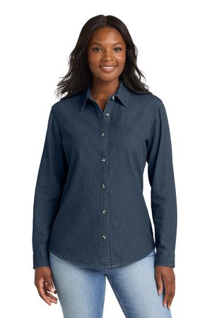 Port & Co Women's Long Sleeve Value Denim Shirt. LSP10 - Image 2